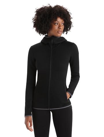 Black Icebreaker RealFleece™ Merino Elemental Long Sleeve Zip Hood Women's Jackets | AU 1645OKIR